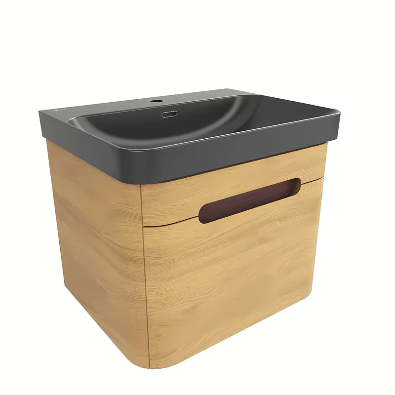 Viseča kopalniška omarica SAT Fusion z umivalnikom u dekoru medni hrast i crnoj mat izvedbi.