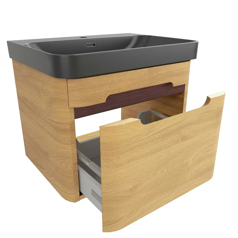 Viseča kopalniška omarica SAT Fusion z umivalnikom u dekoru medni hrast i crnoj mat izvedbi.