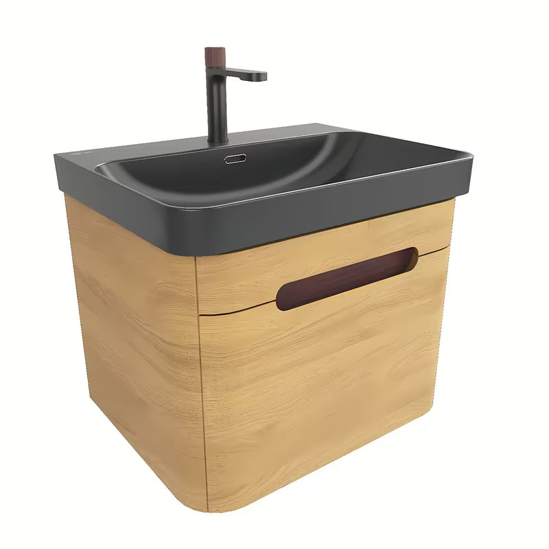 Viseča omarica z umivalnikom SAT Fusion u dekoru medni hrast s crnim mat umivaonikom