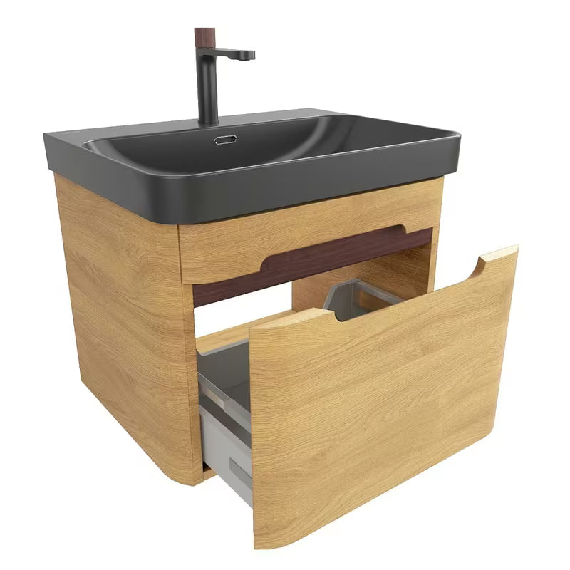 Viseča omarica z umivalnikom SAT Fusion u dekoru medni hrast s crnim mat umivaonikom