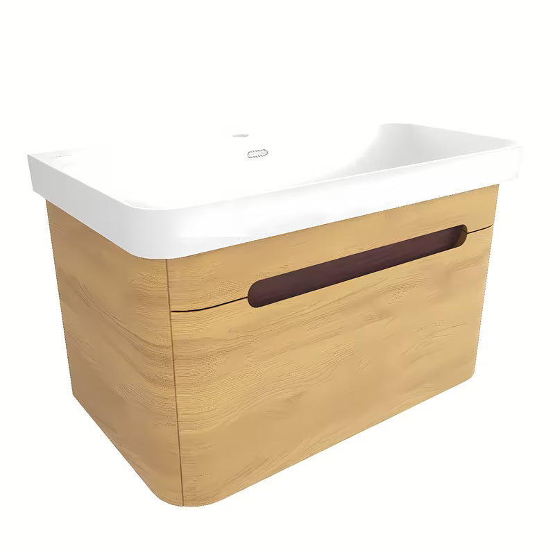 Viseča kopalniška omarica z umivalnikom SAT Fusion u dekoru medni hrast s bijelim mat umivaonikom.