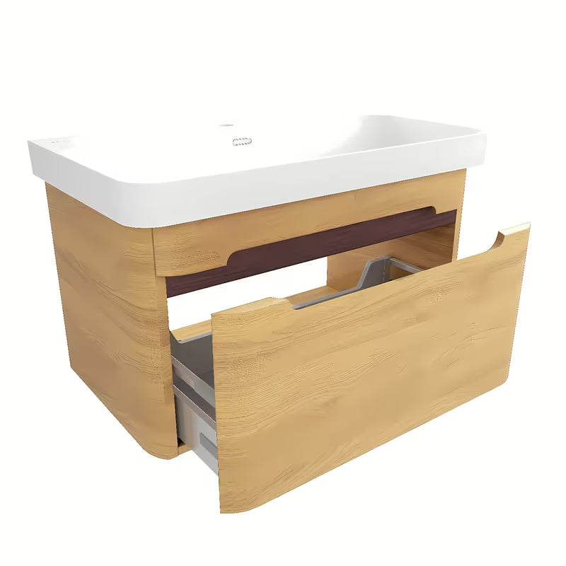 Viseča kopalniška omarica z umivalnikom SAT Fusion u dekoru medni hrast s bijelim mat umivaonikom.