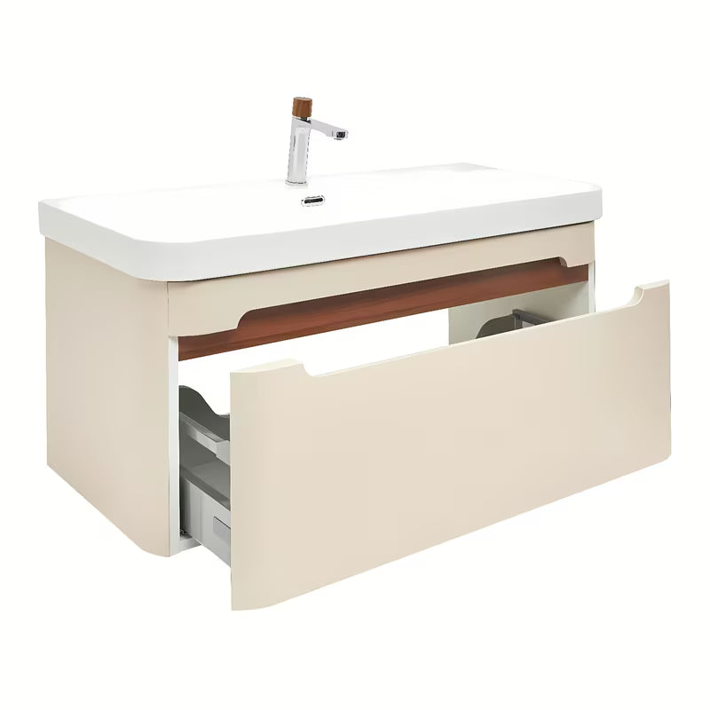 Viseča kopalniška omarica SAT Fusion z umivalnikom u mat pješčano-bež boji i s obrubom od oraha.