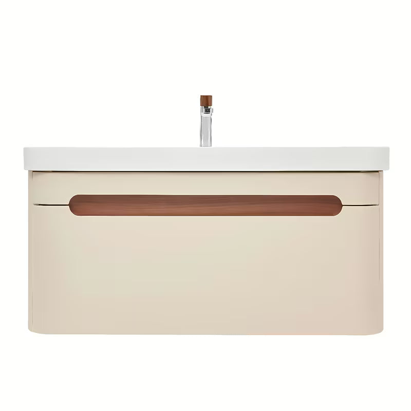 Viseča kopalniška omarica SAT Fusion z umivalnikom u mat pješčano-bež boji i s obrubom od oraha.