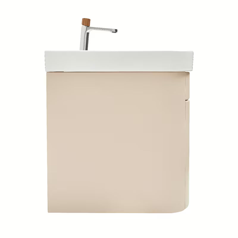 Viseča kopalniška omarica SAT Fusion z umivalnikom u mat pješčano-bež boji i s obrubom od oraha.