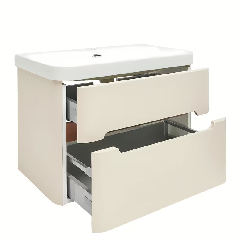 Viseča kopalniška omarica z umivalnikom SAT Fusion u mat pješčano bež boji s obrubom u dekoru oraha