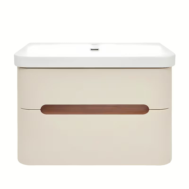 Viseča kopalniška omarica z umivalnikom SAT Fusion u mat pješčano bež boji s obrubom u dekoru oraha