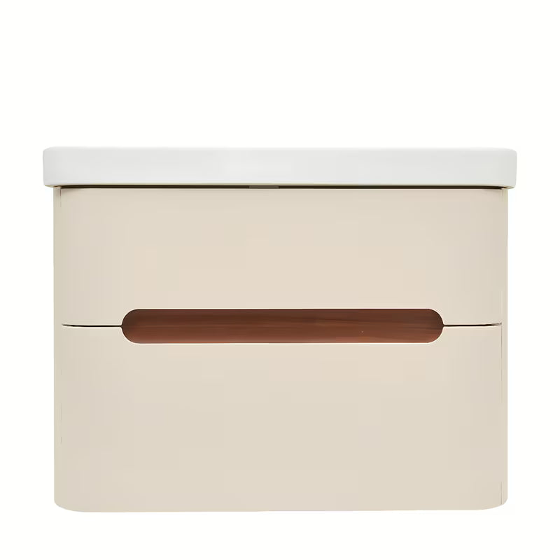 Viseča kopalniška omarica z umivalnikom SAT Fusion u mat pješčano bež boji s obrubom u dekoru oraha