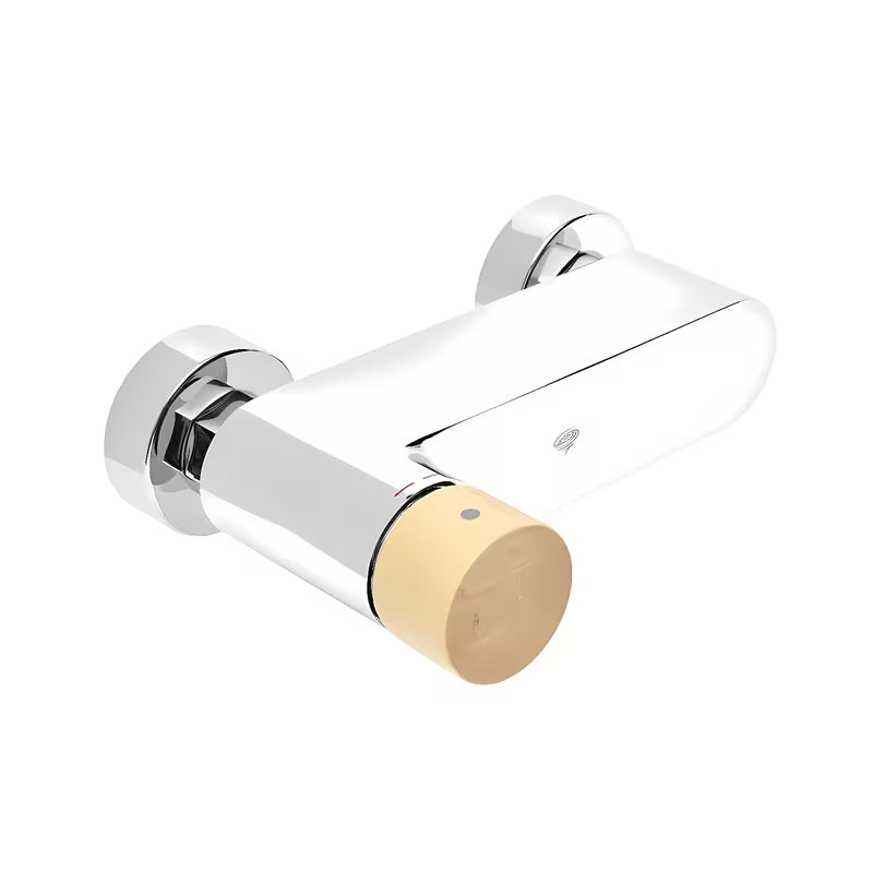 Enoročna armatura za tuš SAT Fusion s kromiranom površinom i ručicom u dekoru svijetlog drva.