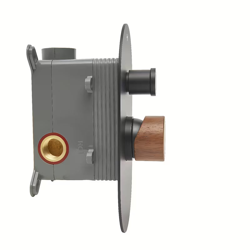 Podometna enoročna armatura za tuš SAT Fusion s mat površinom i ručicom u dekoru tamnog drva.