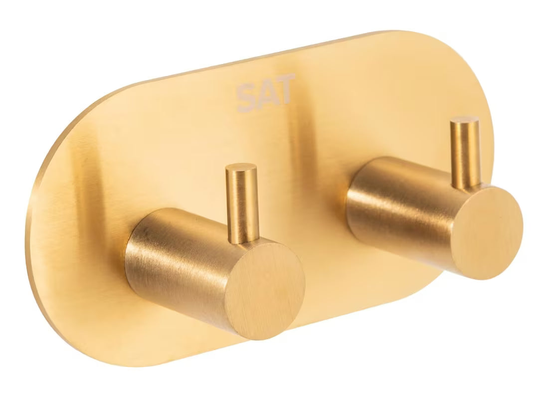 Kupaonski kavelj SAT u izvedbi brušeno zlato pro montaža lijepljenjem bez bušenja.