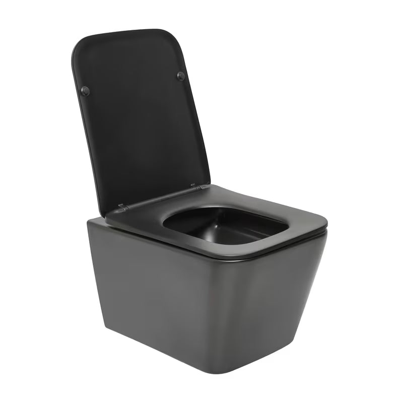 Črno mat viseča WC školjka SAT Infinitio v oglati izvedbi s wc desko mehko Zapiranje Soft Close in skritim pritrjevanjem.