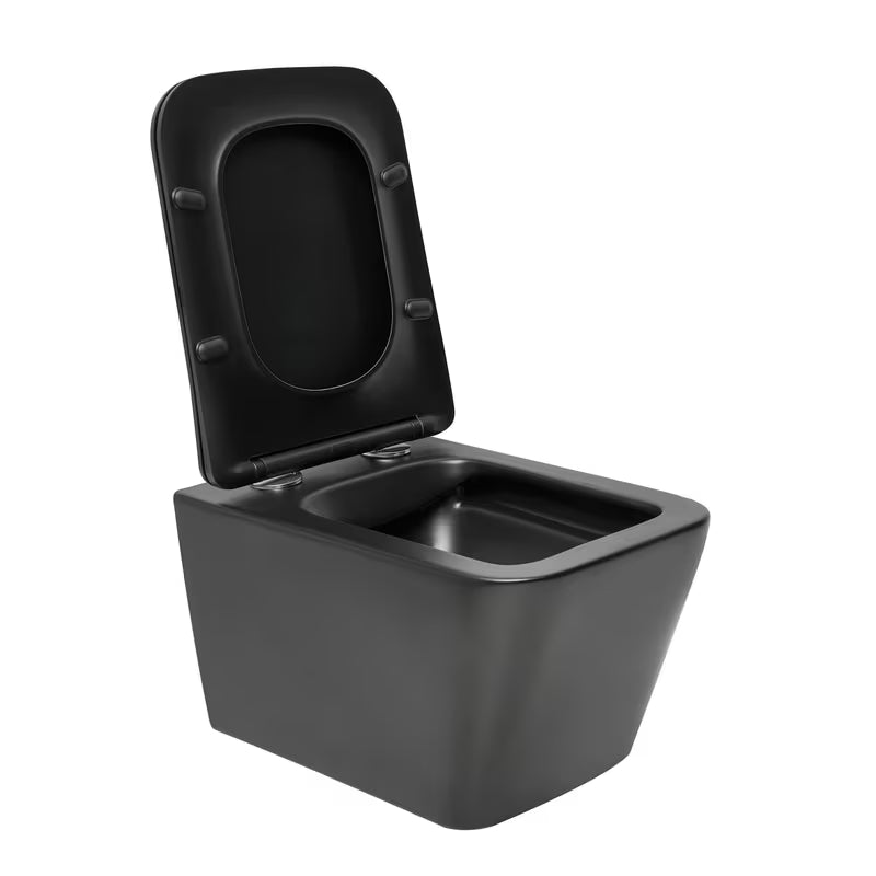 Črno mat viseča WC školjka SAT Infinitio v oglati izvedbi s wc desko mehko Zapiranje Soft Close in skritim pritrjevanjem.