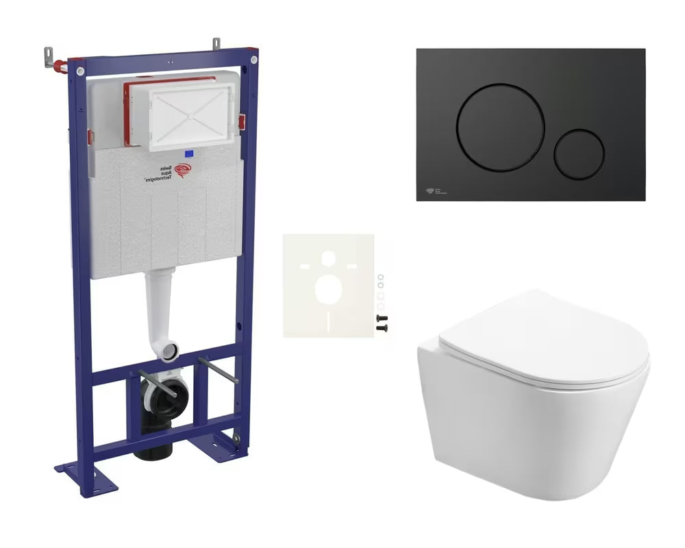 Viseči WC set SAT Infinitio s podometnim modulom, črnim mat tipkalom in sedežem mehko Zapiranje Soft Close