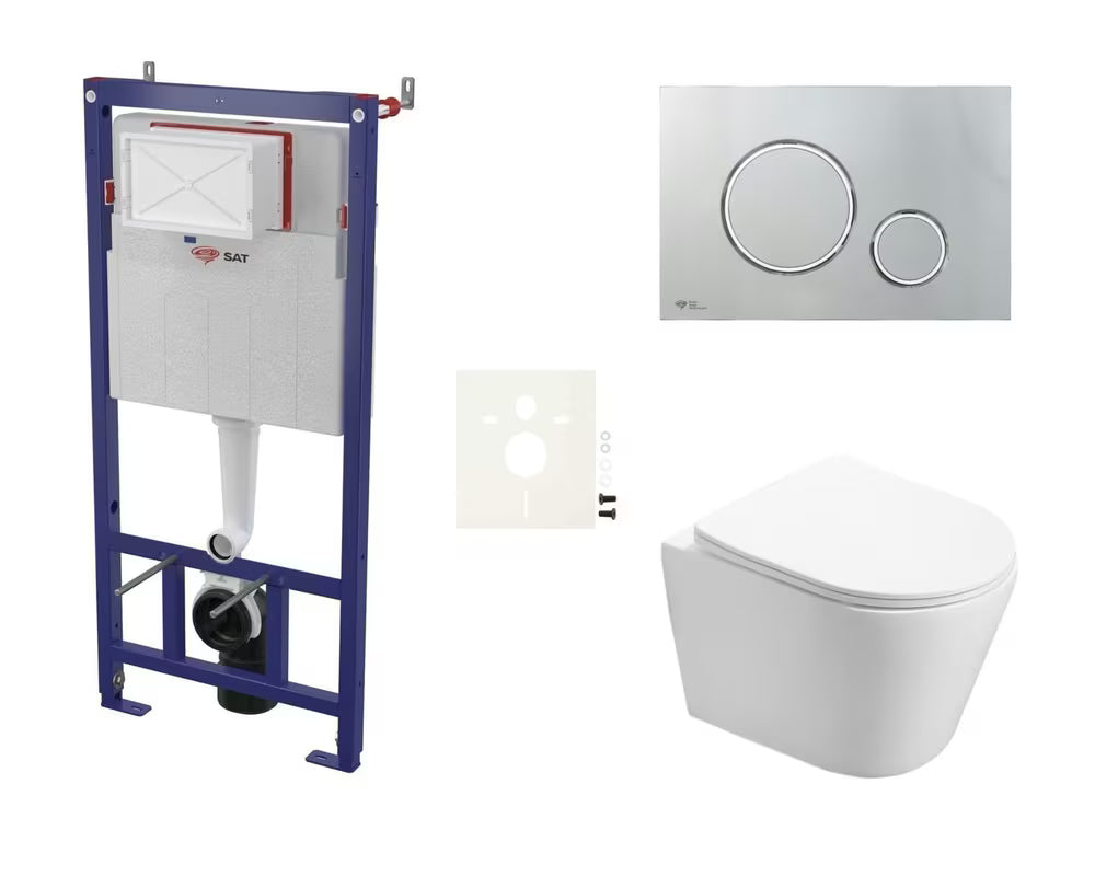 Viseči WC set SAT Infinitio s podometnim splakovalnikom, tipko za splakovanje in WC-desko mehko Zapiranje Soft Close
