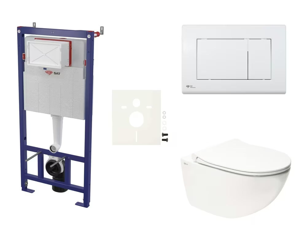 Viseči WC set SAT Infinitio s podometnim splakovalnikom, tipko za splakovanje in WC-desko mehko Zapiranje Soft Close