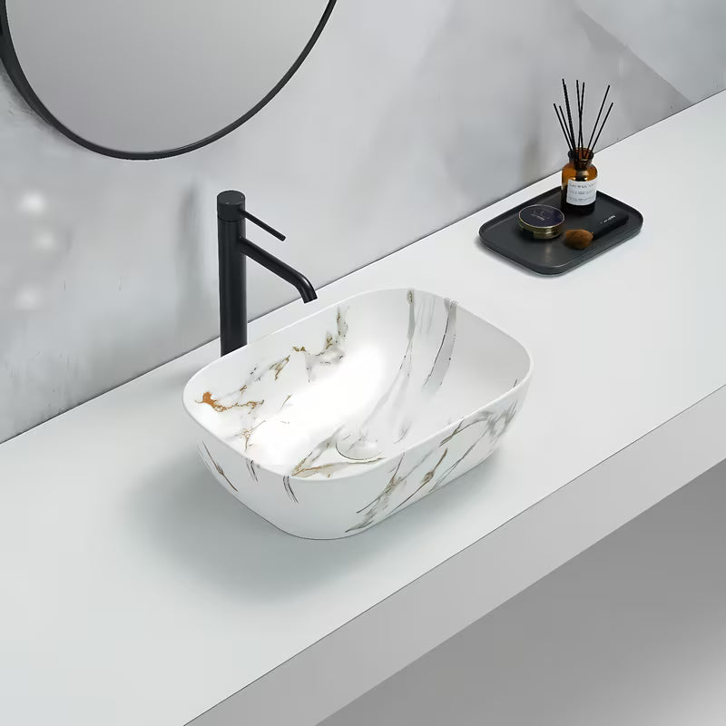 SAT Infinitio umivalnik na ploščo brez preliva u mat bijeloj boji s mramornim dizajnom, 45,5x32,5 cm