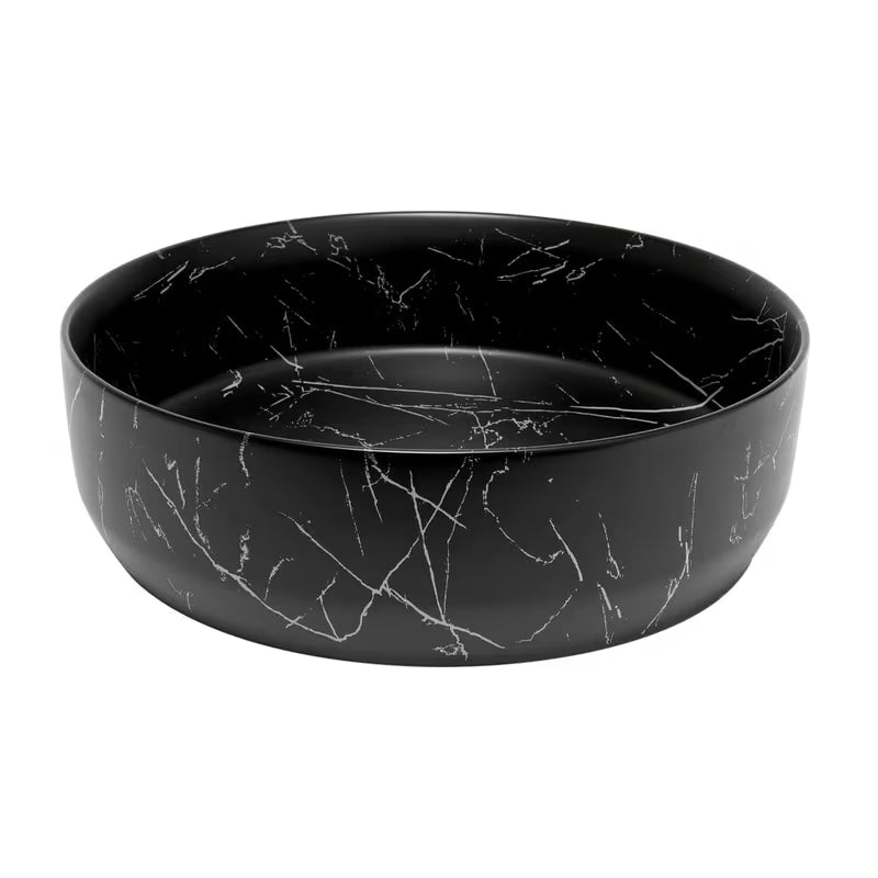 Mat umivalnik na ploščo SAT Infinitio 39x39 cm u crnom mramornom dizajnu brez preliva.