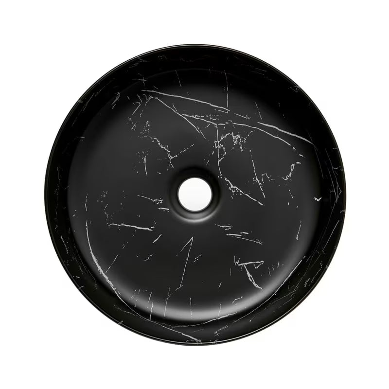 Mat umivalnik na ploščo SAT Infinitio 39x39 cm u crnom mramornom dizajnu brez preliva.