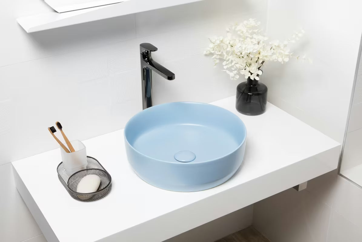 Mat plavi keramički umivalnik na ploščo SAT Infinitio 39x39 cm brez preliva