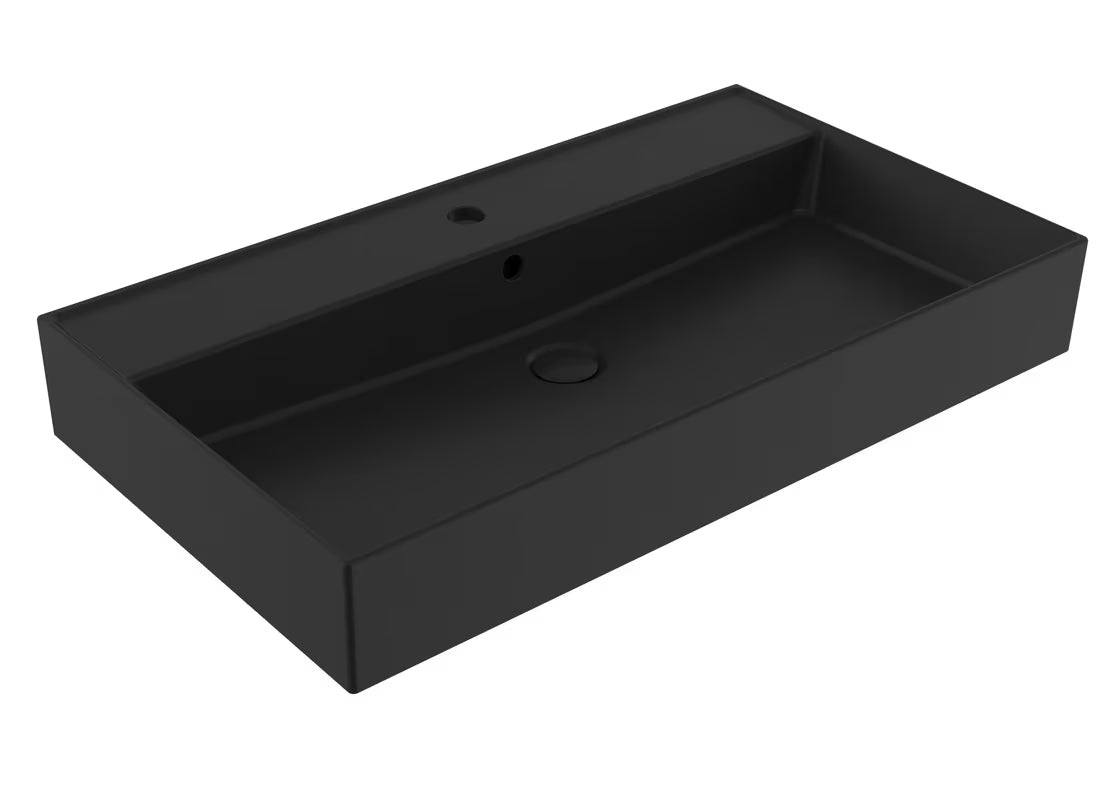 Keramički umivaonik SAT Infinitio 80,5x46,5 cm u crno-mat boji s preljevom i pravokutnim oblikom.