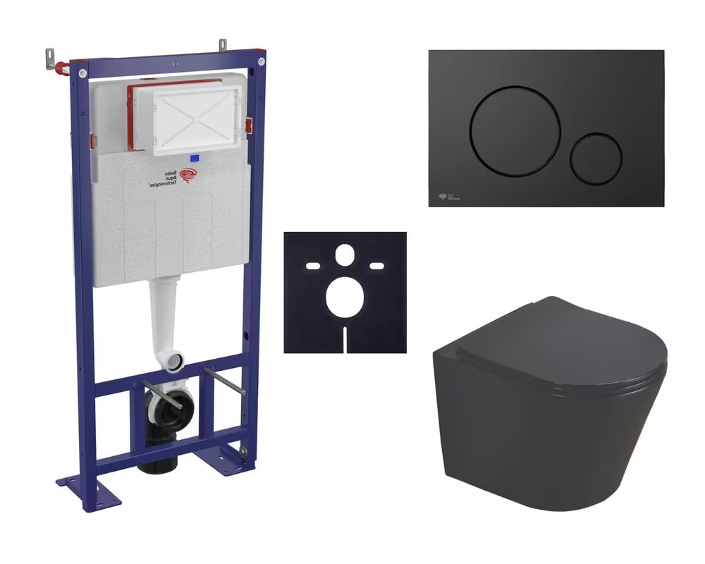 Viseči WC set SAT Infinitio s crnom daskom mehko Zapiranje Soft Close, modulom pro za predzidnu ugradnju i crnom tipkom