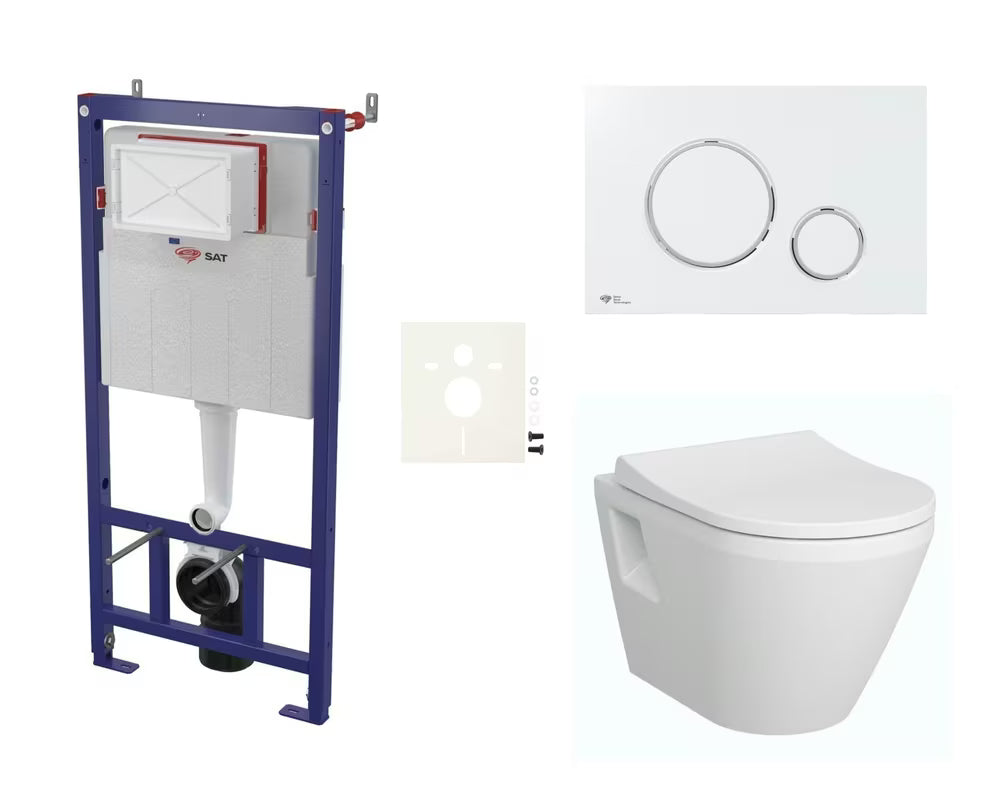 Viseči WC set Vitra Integra s splakovalnikom SAT, duroplastno WC desko mehko Zapiranje Soft Close in belo sijajno tipko.