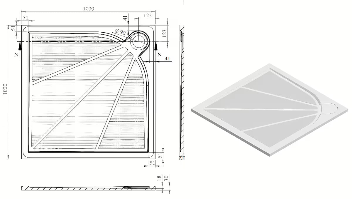 Bela kvadratna tuš kad SAT Limcc 100x100 cm iz litega marmorja s pokritim kotnim odtokom