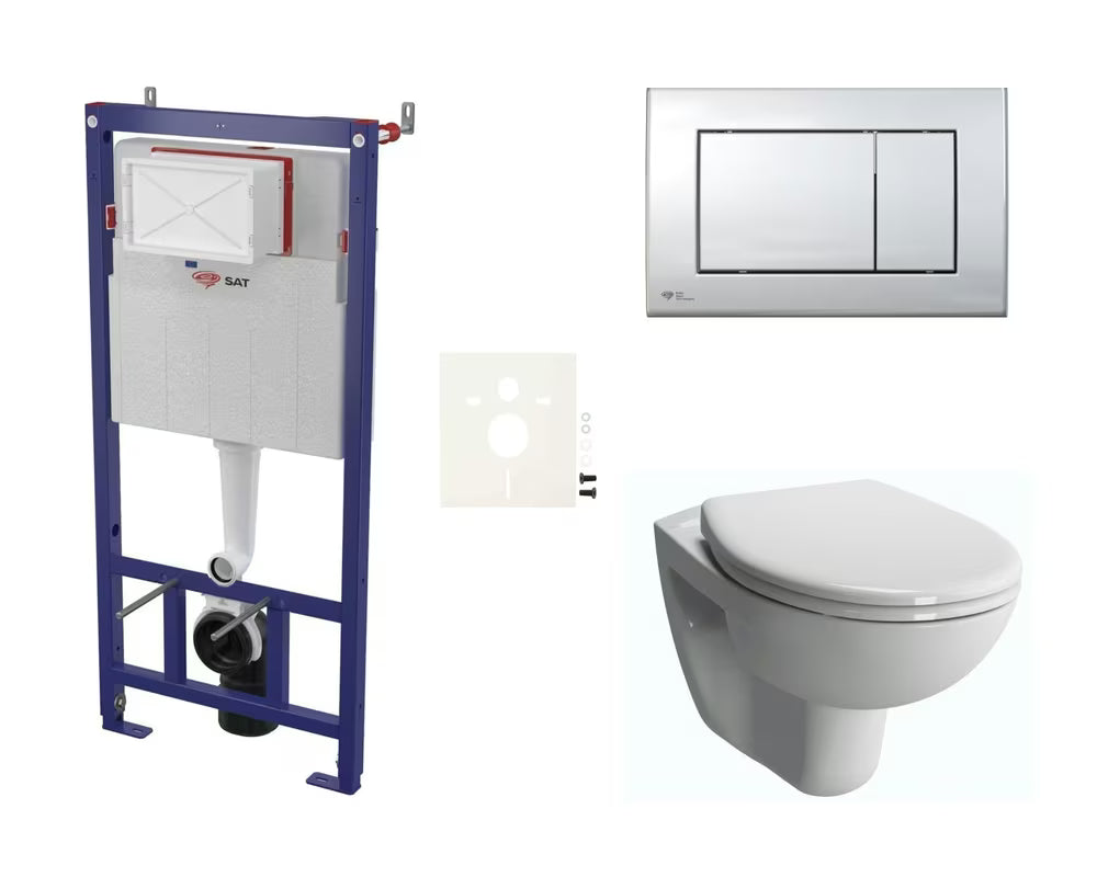 Viseči WC set vitra Normus pro za vgradnjo v lahke stene s splakovalnikom SAT in tipko za splakovanje v sijajnem kromu.