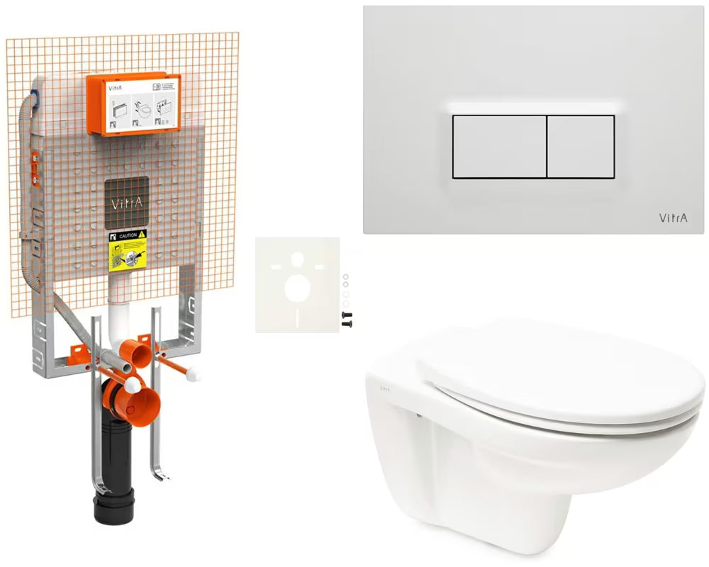 Viseči WC set vitra Normus za vgradnjo v steno s podometnim splakovalnikom in splakovalno tipko v beli sijajni barvi.