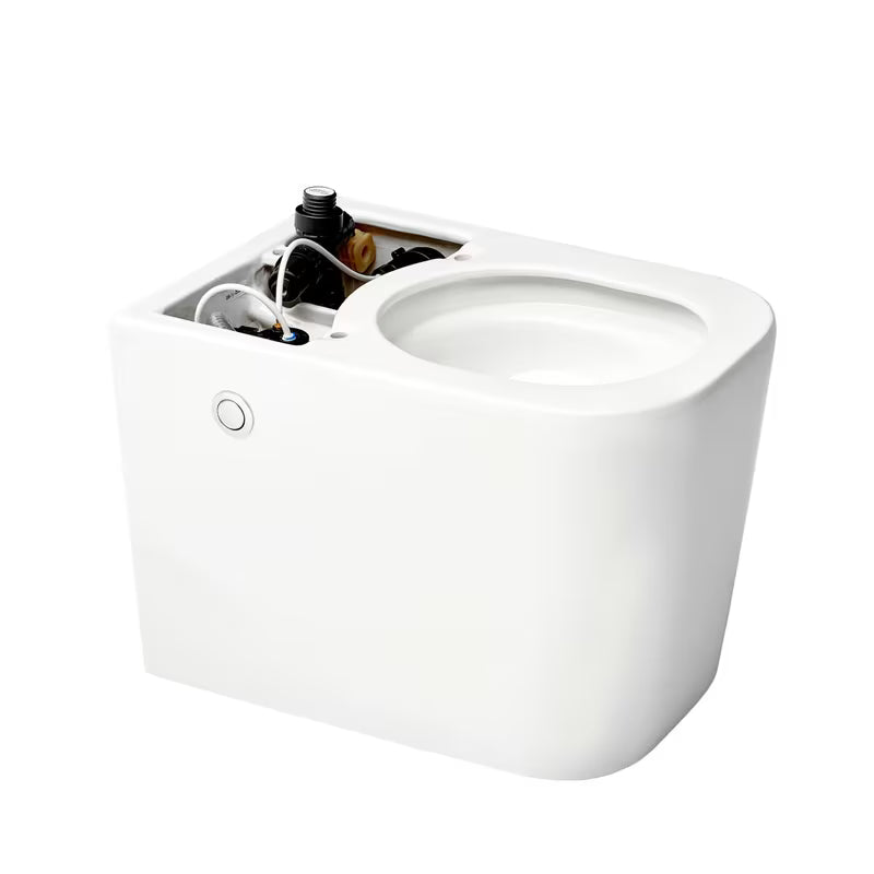 Stoječa WC Školjka SAT optimflush v beli barvi z integriranim splakovalnikom in stranskim pnevmatskim gumbom za splakovanje.