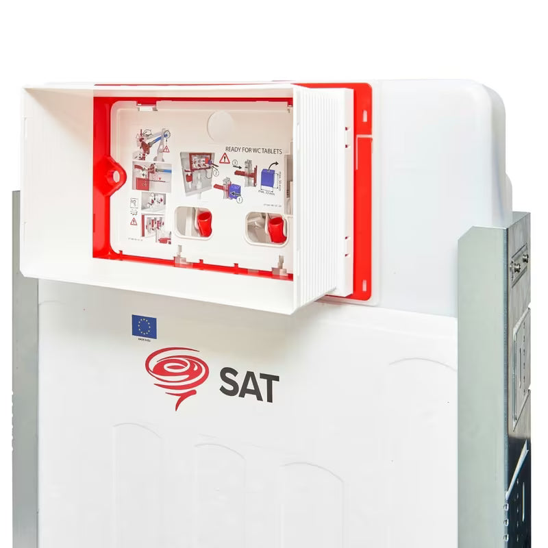 Plava podometni splakovalnik SAT pro viseča WC školjka s pocinčanim okvirom i dozatorom za WC školjka tablete.