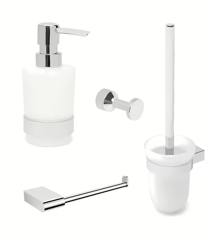 Kromirana komplet kopalniških dodatkov SAT Project z obešalnikom, dozirnikom za milo, držalom za papir in WC školjka WC-ščetko.