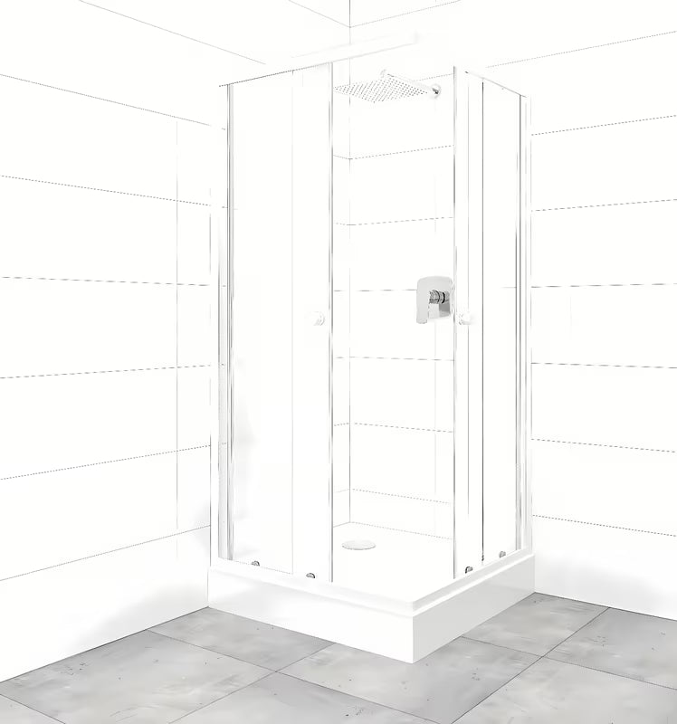 Kvadratna tuš kabina SAT Project 90x90 cm z belimi profili, drsnimi vrati in tuš kadjo