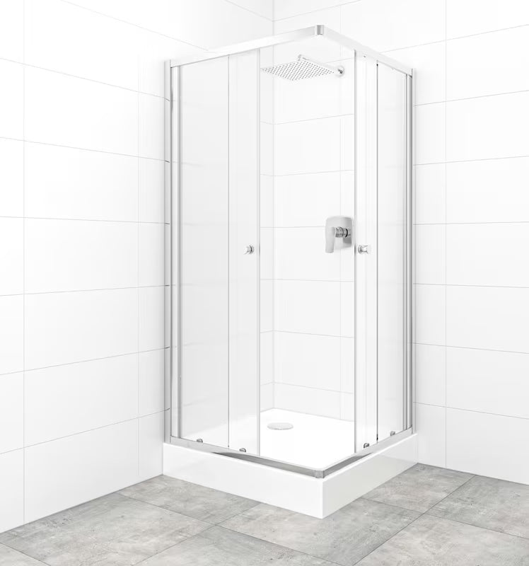 Kvadratna tuš kabina SAT Project 90x90 cm z drsnimi vrati, v sijajnem kromu in z neprosojnim steklom chinchilla.