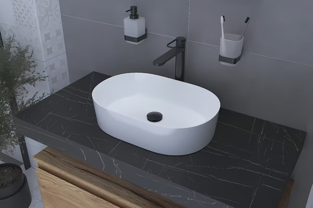 Bijeli ovalni keramički umivalnik na ploščo SAT Project 50 x 33 cm