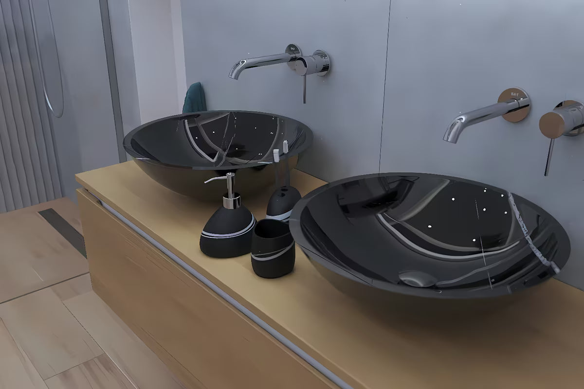 Umivalnik na ploščo SAT Purity od pravog crnog mramora dimenzija 43 x 43 cm brez preliva.