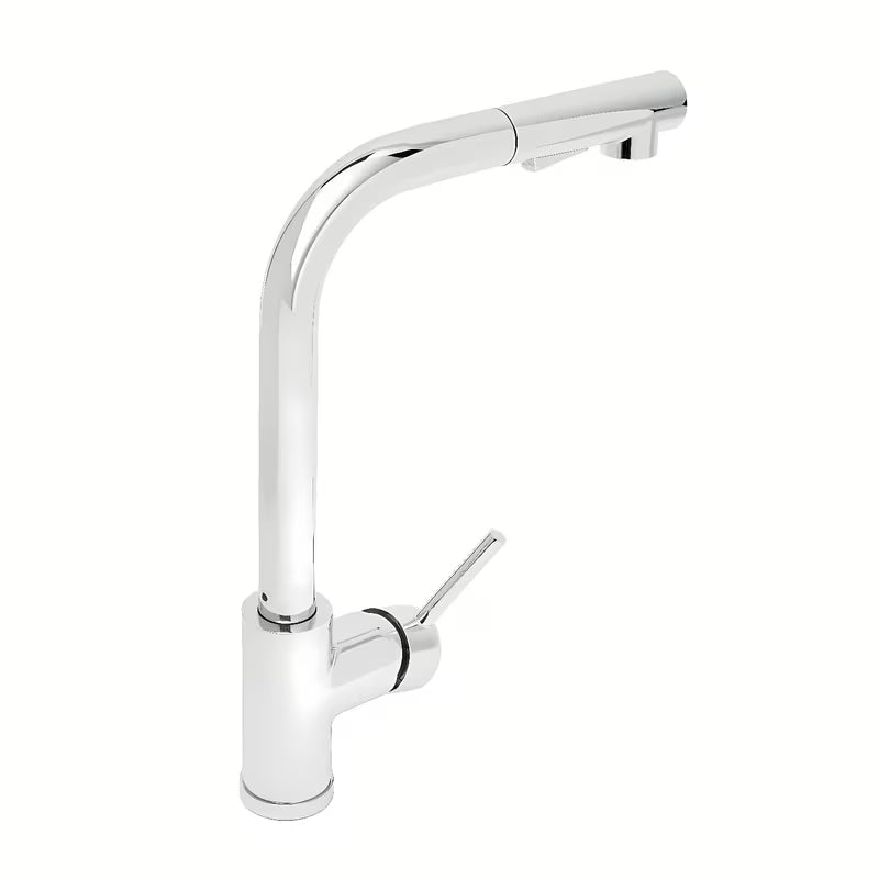 Kromirana armatura za pomivalno korito SAT z izvlečno prho z možnostjo izvleka pro za korito pred oknom.