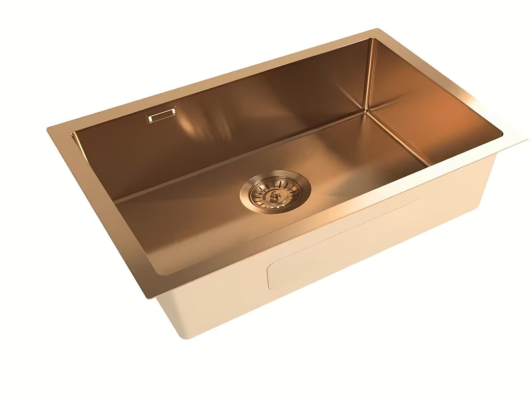 Kuhinjski enojno korito SAT Aurum iz brušenega nerjavnega jekla v barvi rose gold pro montaža pod pult.