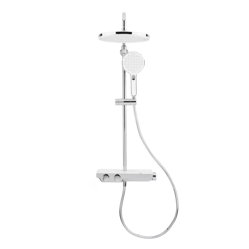 Tušni sistem SAT Chrome s termostatsko armaturo, s stekleno polico, nadglavno in ročno prho v krom izvedbi.