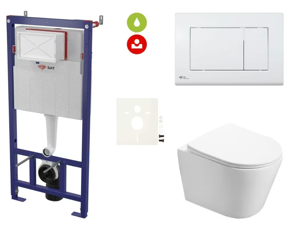 Viseči WC set SAT Infinitio s podometnim splakovalnikom, splakovalno tipko in sedežem z mehko Zapiranje Soft Close