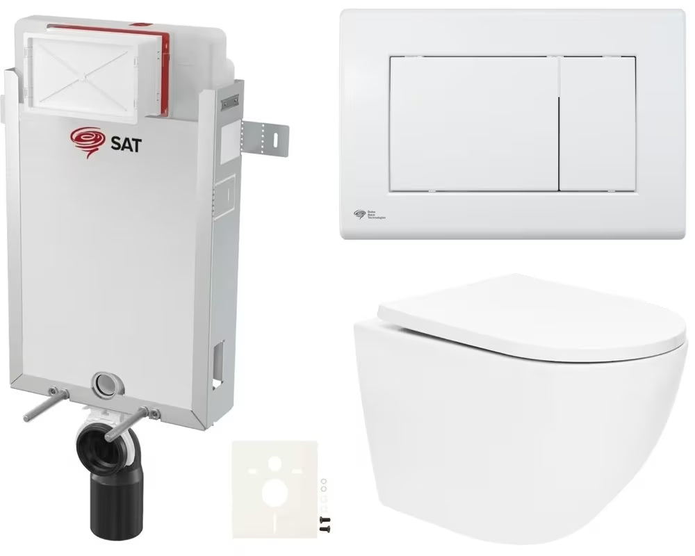 Viseči WC set SAT Fusion z modulom za vgradnjo v steno, splakovalnikom, belo tipko za splakovanje in sedežem