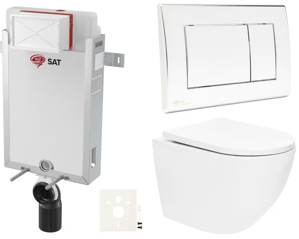 Viseči WC set SAT Fusion z vgradnim modulom, splakovalnikom SAT, tipko za splakovanje v sijajnem kromu in WC-desko
