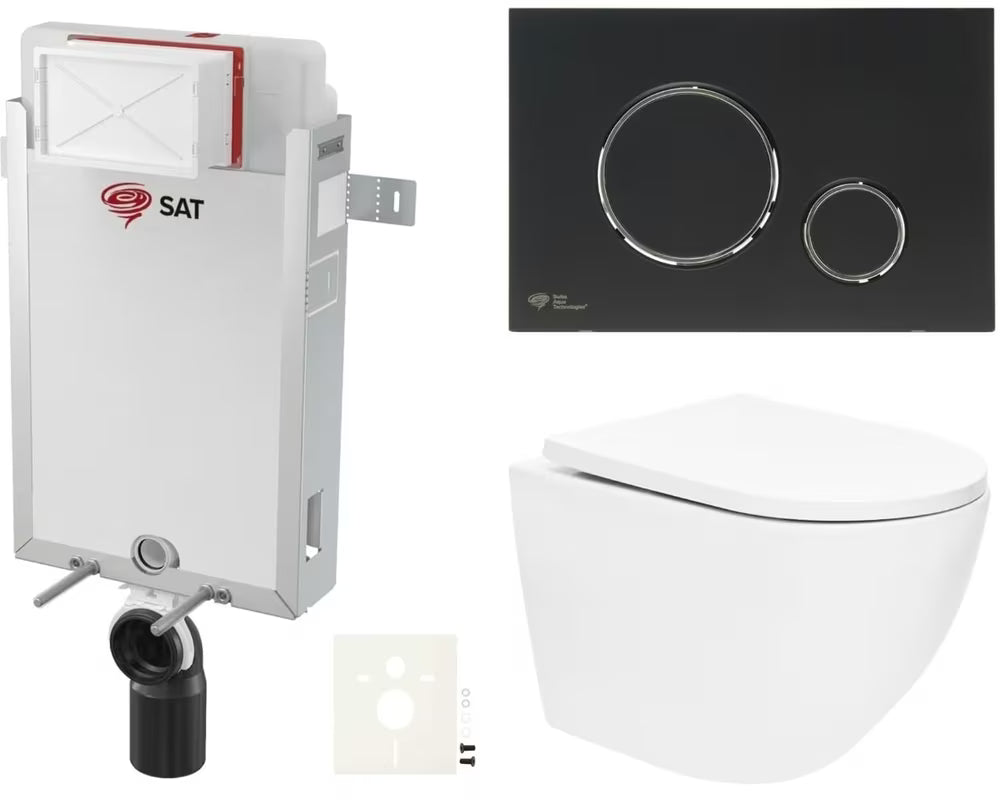 Viseči WC set SAT Fusion z vgradnim modulom, splakovalnikom, tipko v mat črni barvi in WC-desko