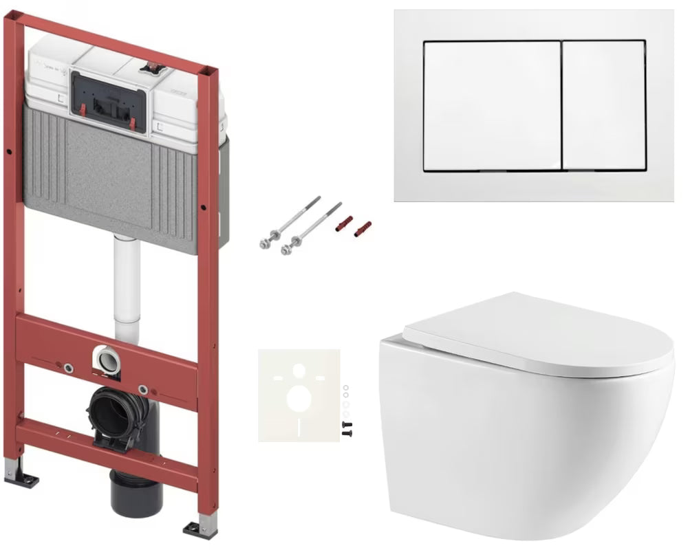 Viseči WC set SAT Fusion z vrtinčnim splakovanjem, splakovalnikom TECE in aktivirno tipko TECE base v beli barvi.