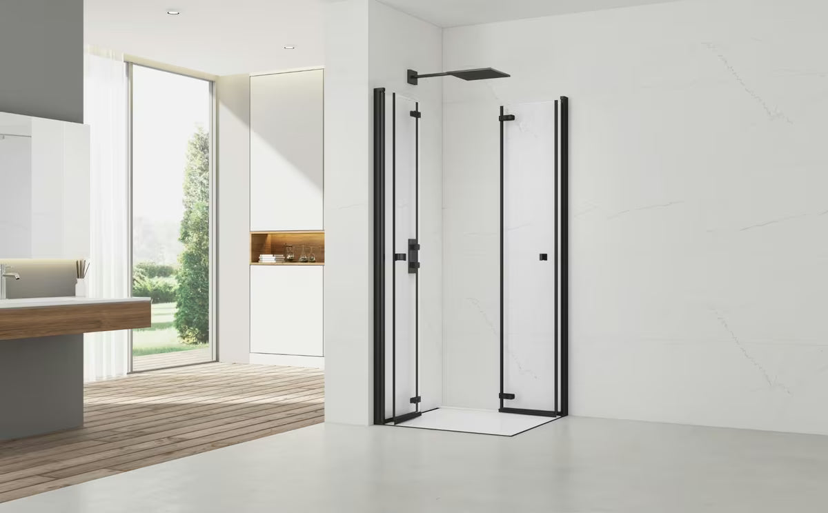 Zložljivi tuš vrata SAT Sk 90 cm s prozornim steklom in črnim mat profilom