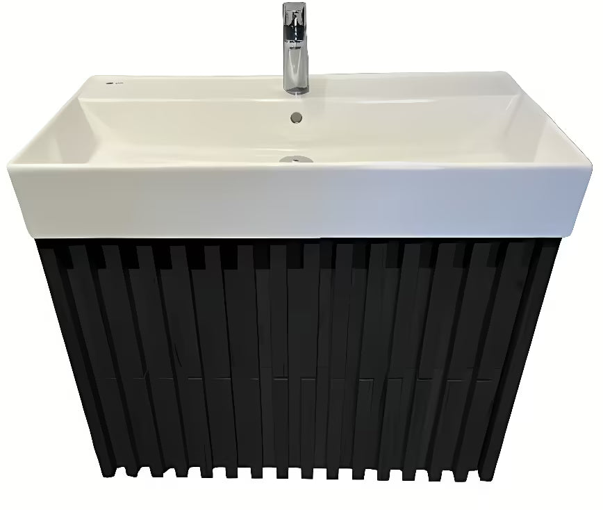 Viseča kopalniška omarica s keramičkim umivaonikom SAT Delano u crnoj mat izvedbi s letvicama.