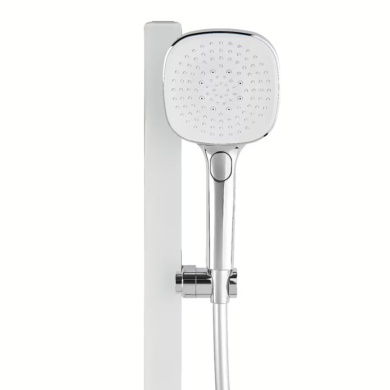 Tuš set SAT u izvedbi bijela/krom s polico, sa šipkom za tuš i ručnim tušem s 3 mlaza