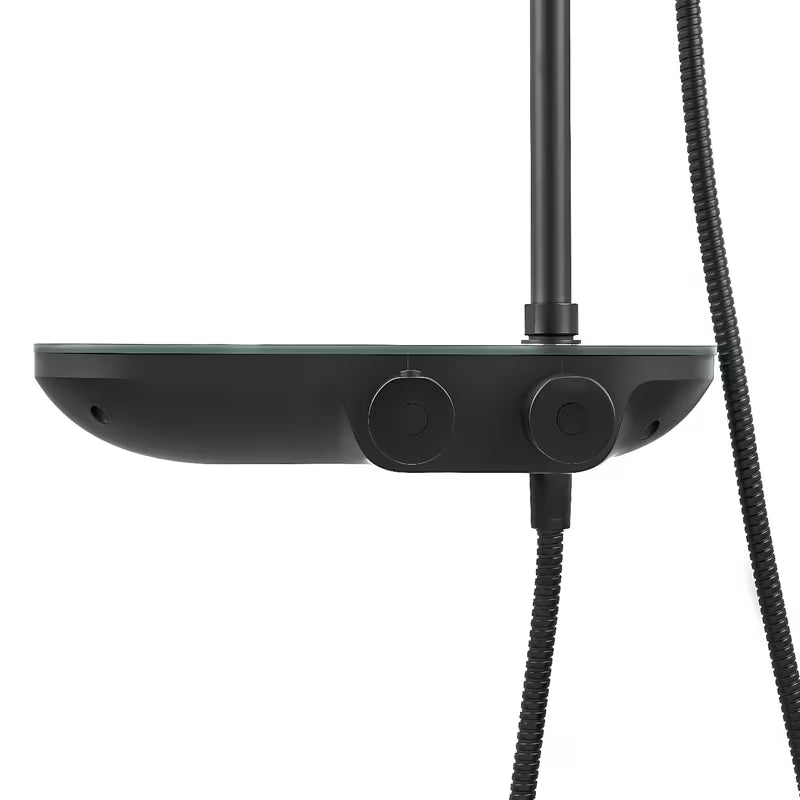 Crni mat tušni sistem SAT s termostatsko armaturo, s nadglavnim i ručnim tušem te staklenom policom.