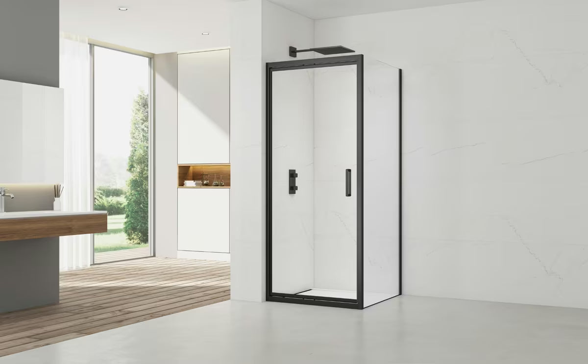 Pravokotna tuš kabina SAT Tex-C 100x90 cm u crnoj boji s kliznim vratima i prozirnim staklom.